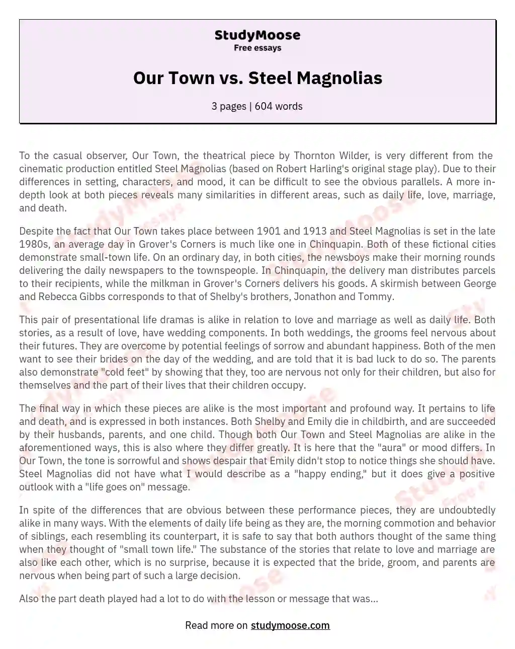 Our Town vs. Steel Magnolias essay