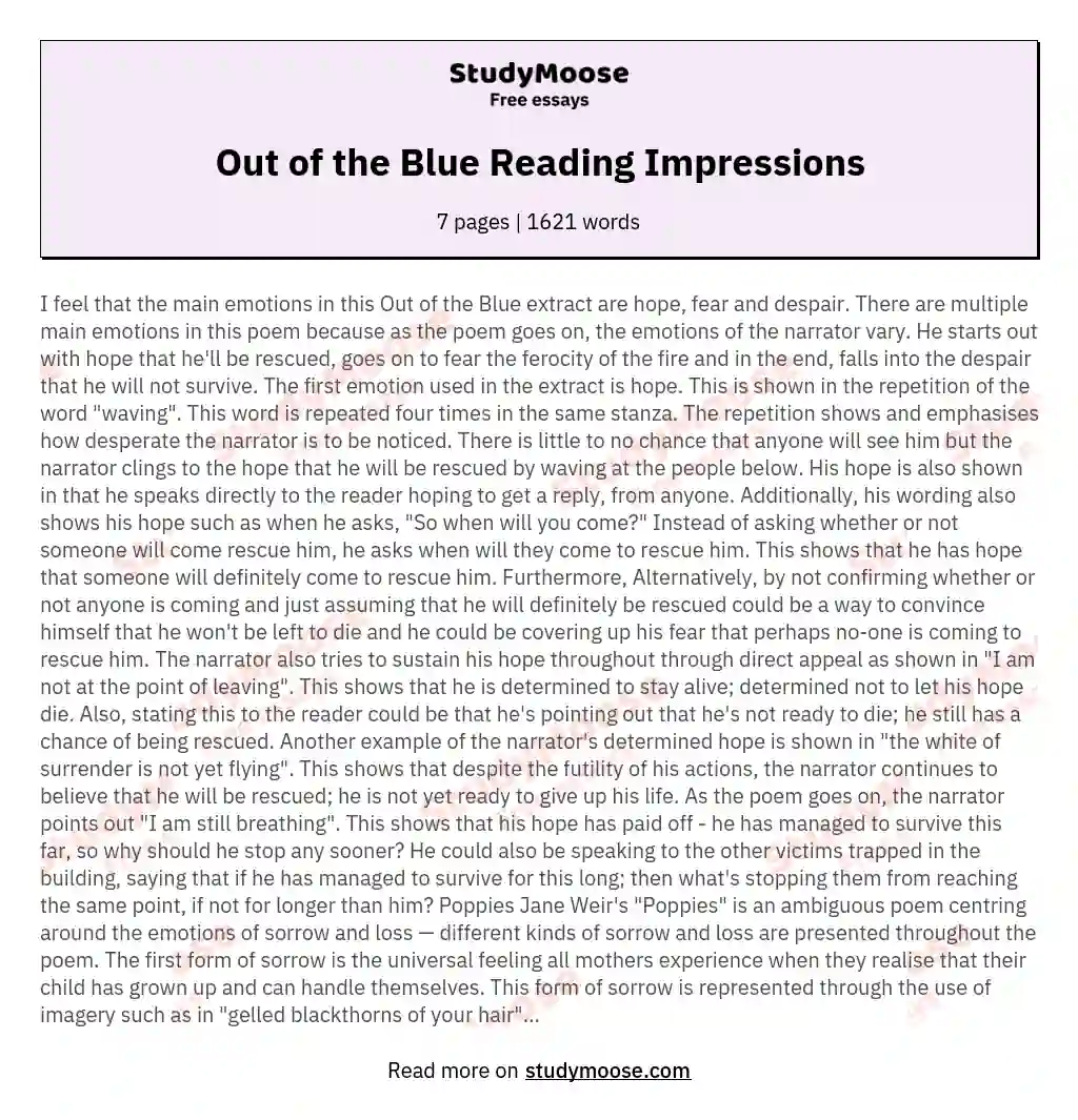 Out of the Blue Reading Impressions essay