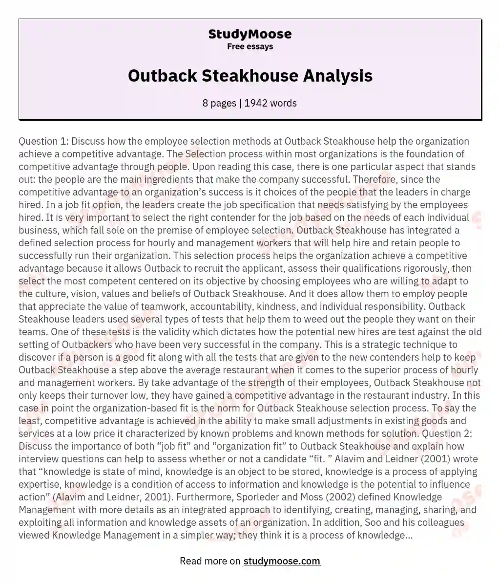 Outback Steakhouse Analysis essay