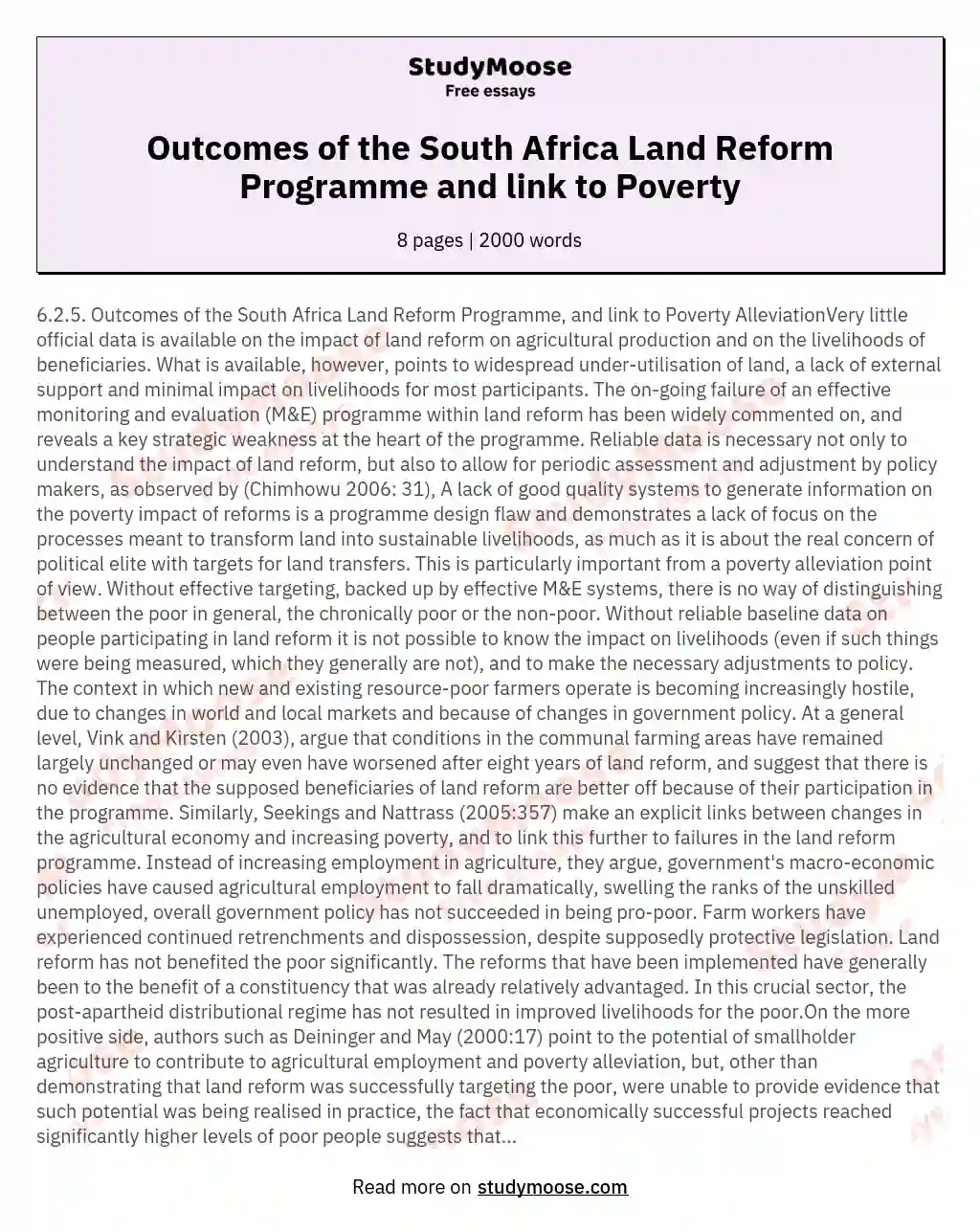 Outcomes of the South Africa Land Reform Programme and link to Poverty