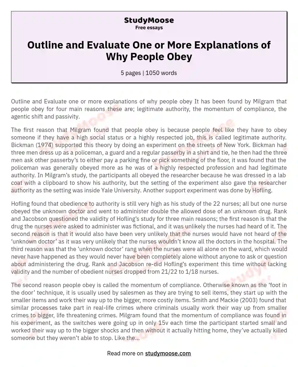 Outline and Evaluate One or More Explanations of Why People Obey essay
