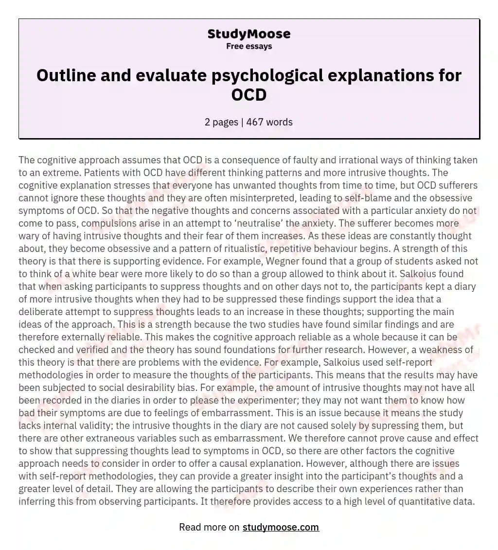 Outline and evaluate psychological explanations for OCD essay