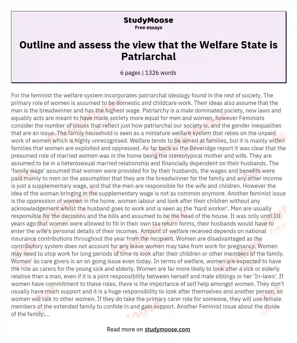 Outline and assess the view that the Welfare State is Patriarchal essay