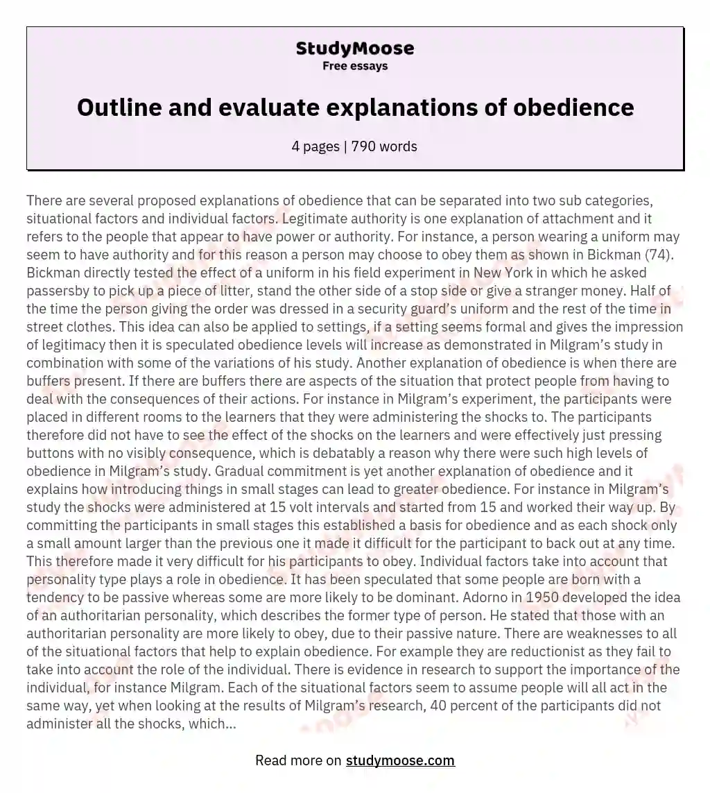 Outline and evaluate explanations of obedience
