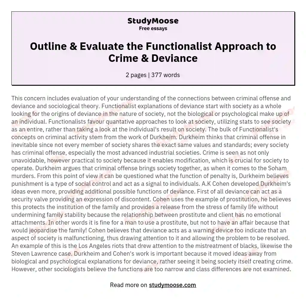 Outline &amp; Evaluate the Functionalist Approach to Crime &amp; Deviance