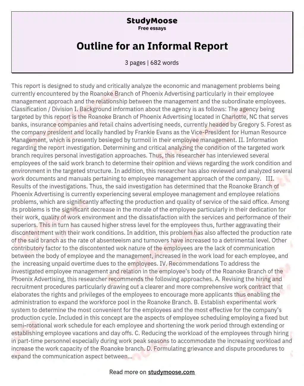 Outline For An Informal Report Free Essay Example