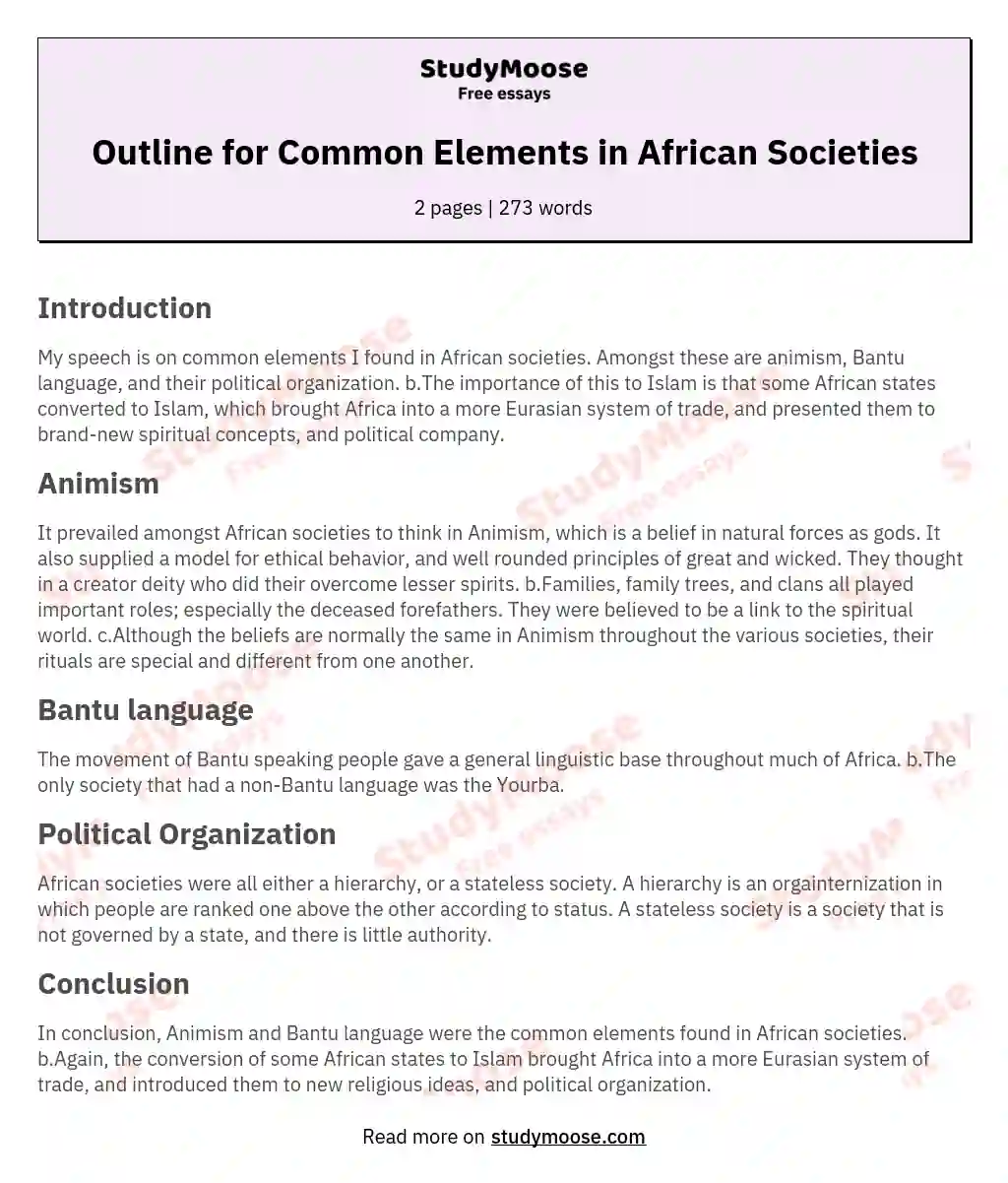 Outline for Common Elements in African Societies essay