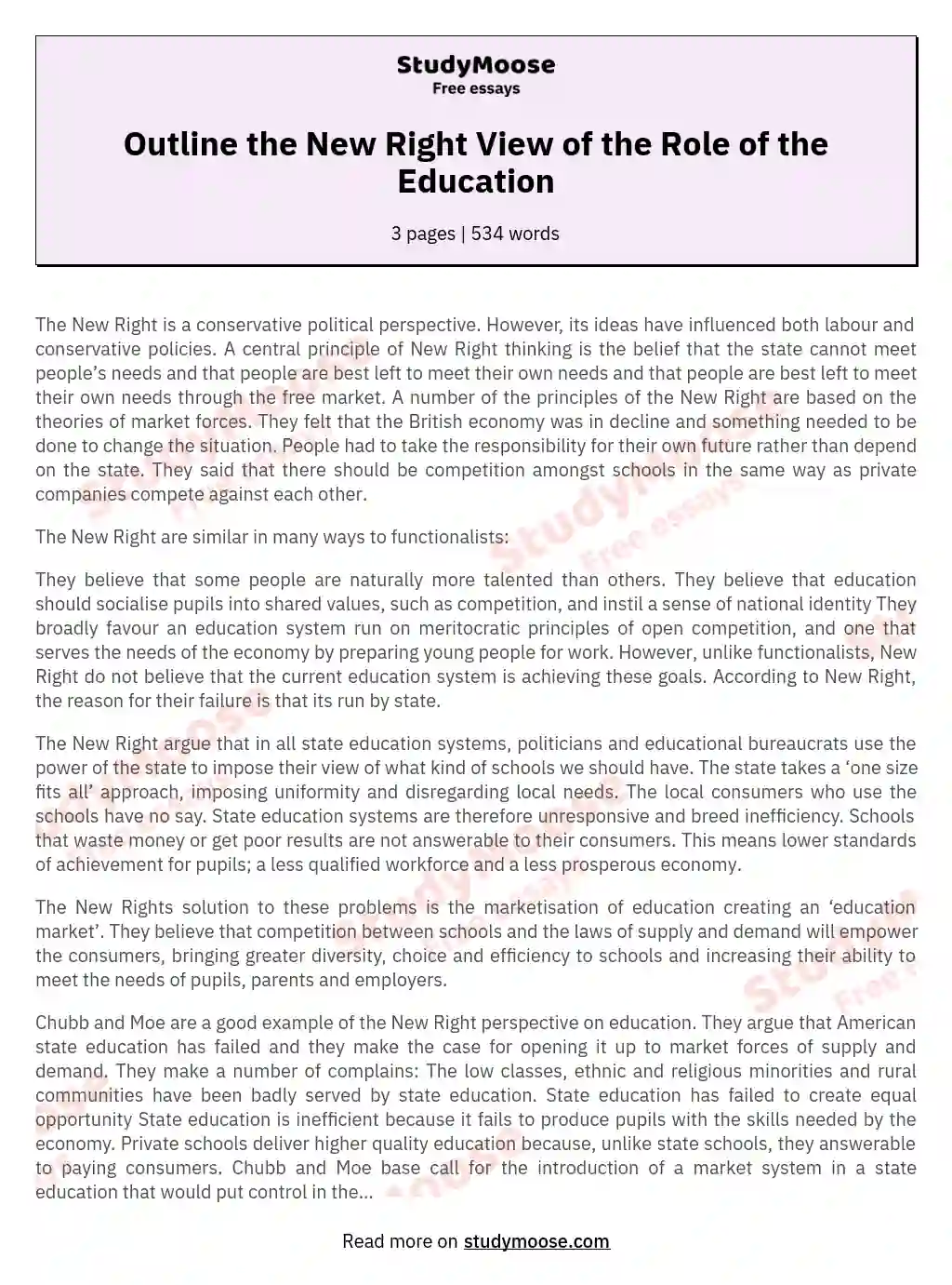 Outline the New Right View of the Role of the Education essay