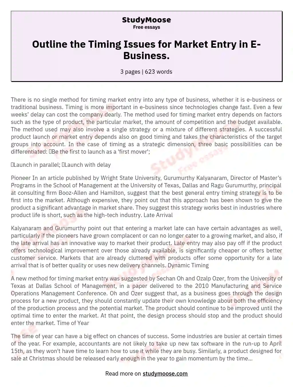 Outline the Timing Issues for Market Entry in E-Business. essay