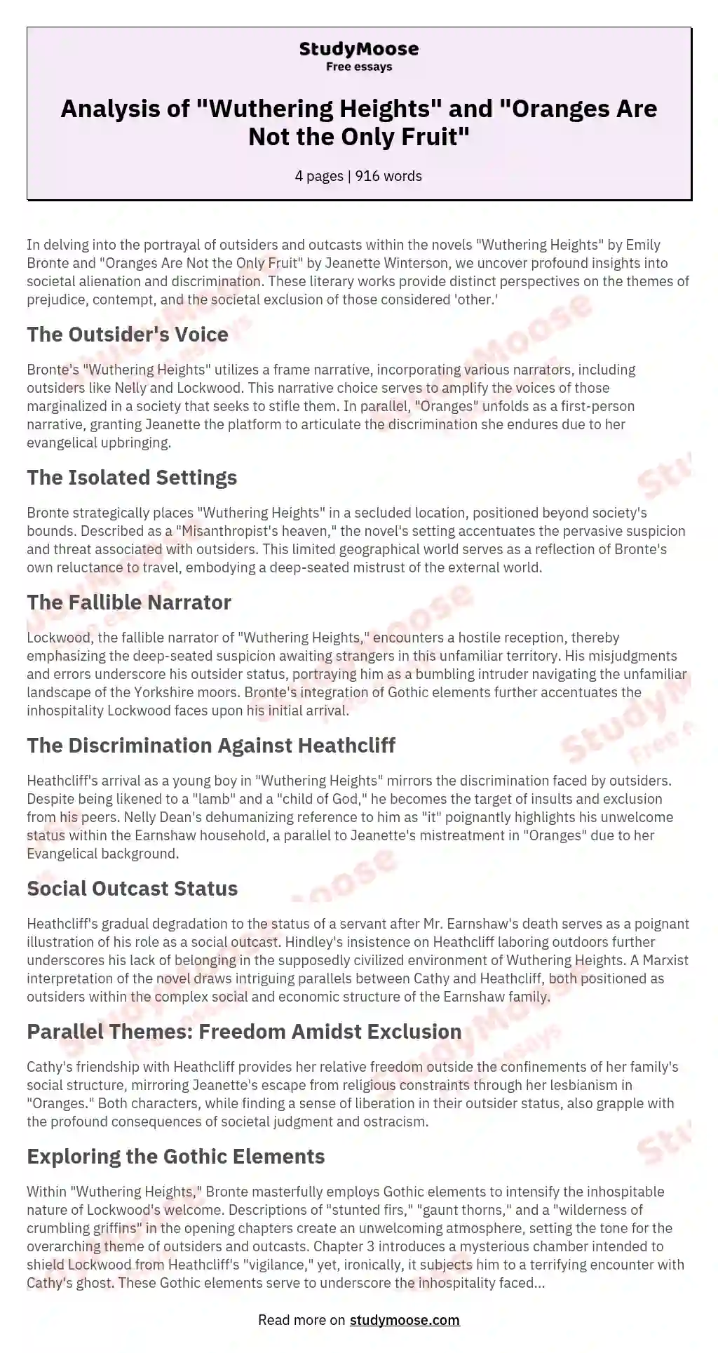 Analysis of "Wuthering Heights" and "Oranges Are Not the Only Fruit" essay