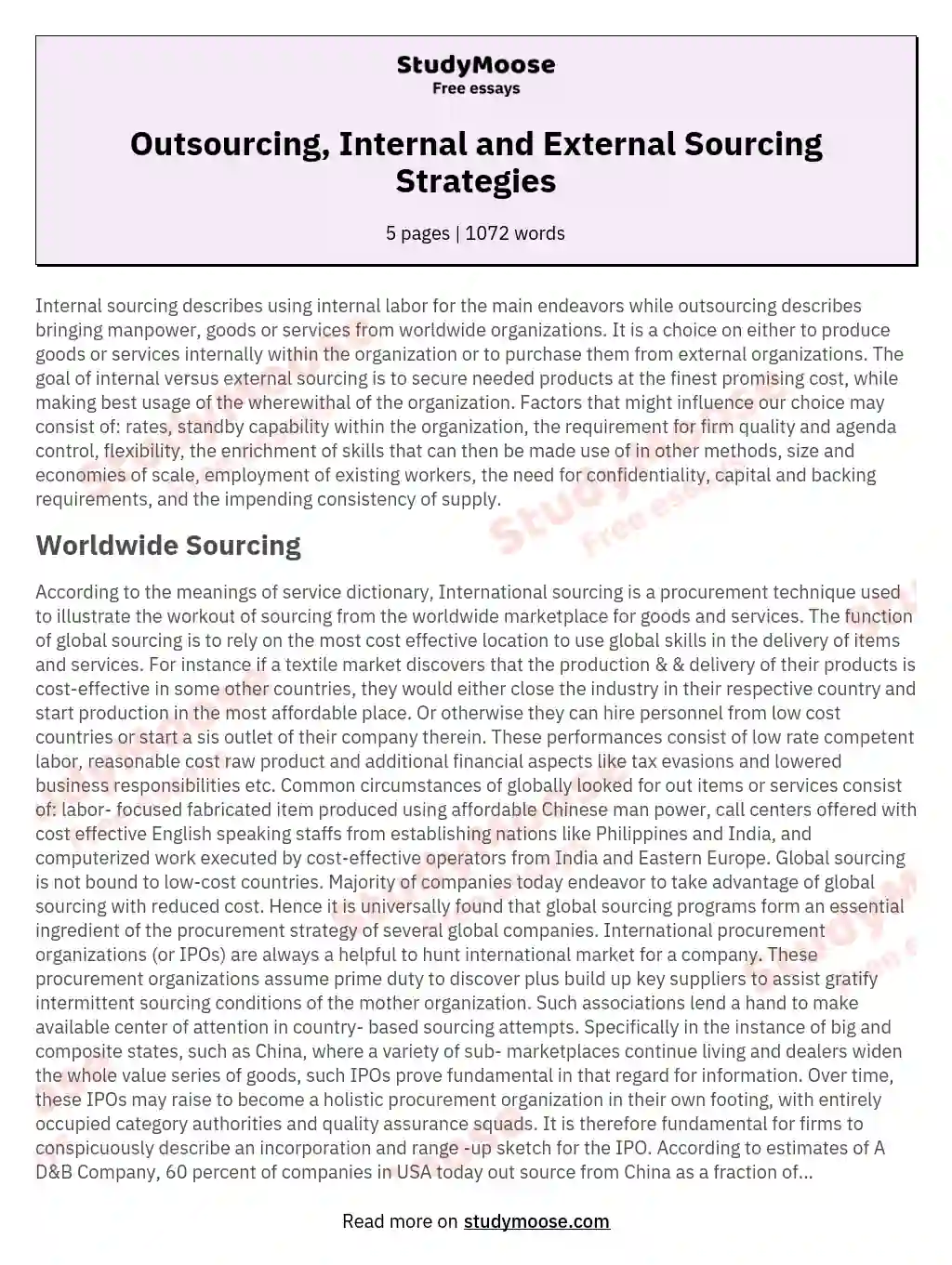 Outsourcing, Internal and External Sourcing Strategies essay