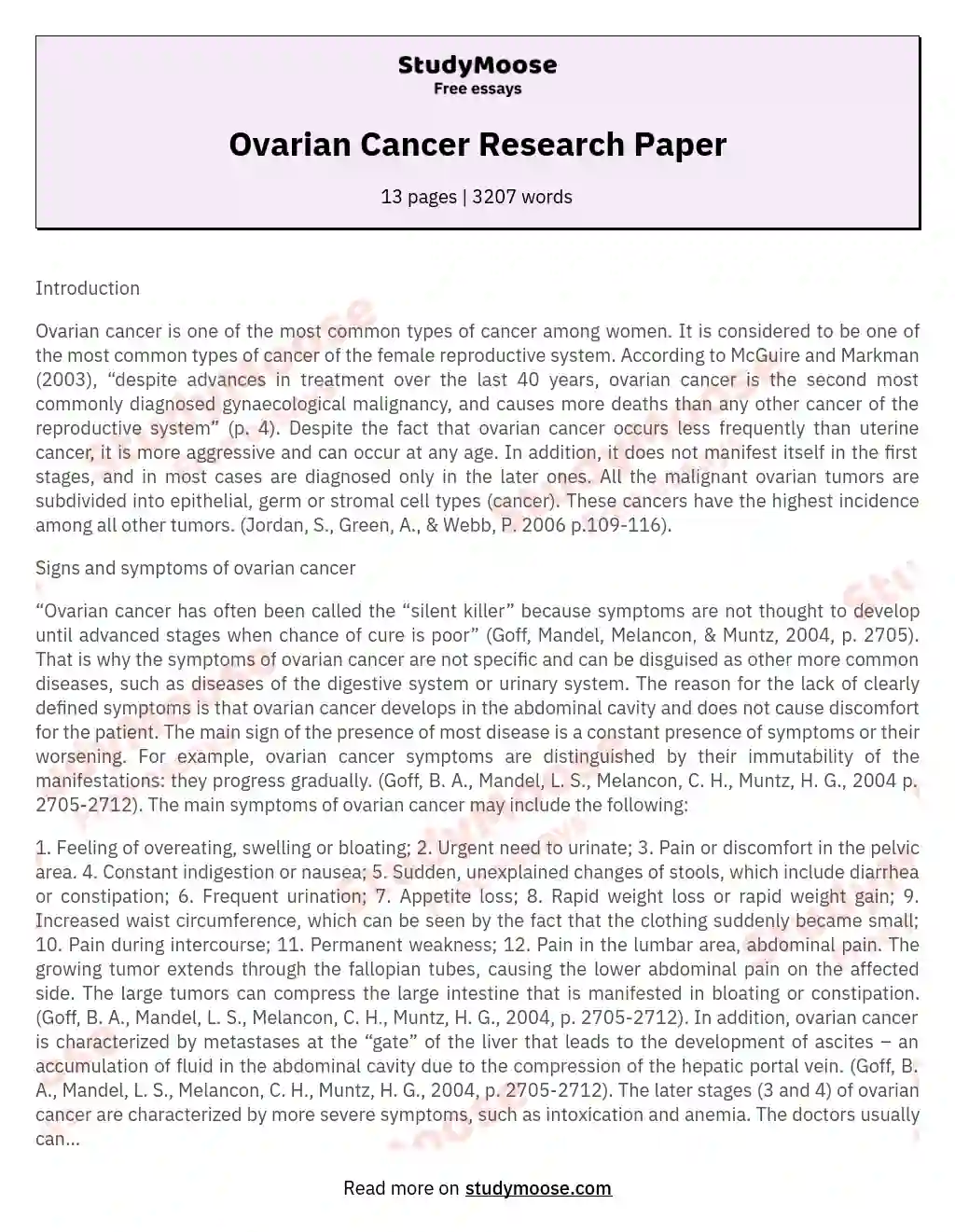 Ovarian Cancer Research Paper essay
