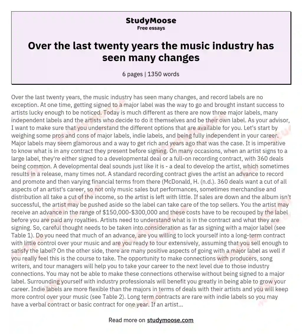 Over the last twenty years the music industry has seen many changes essay