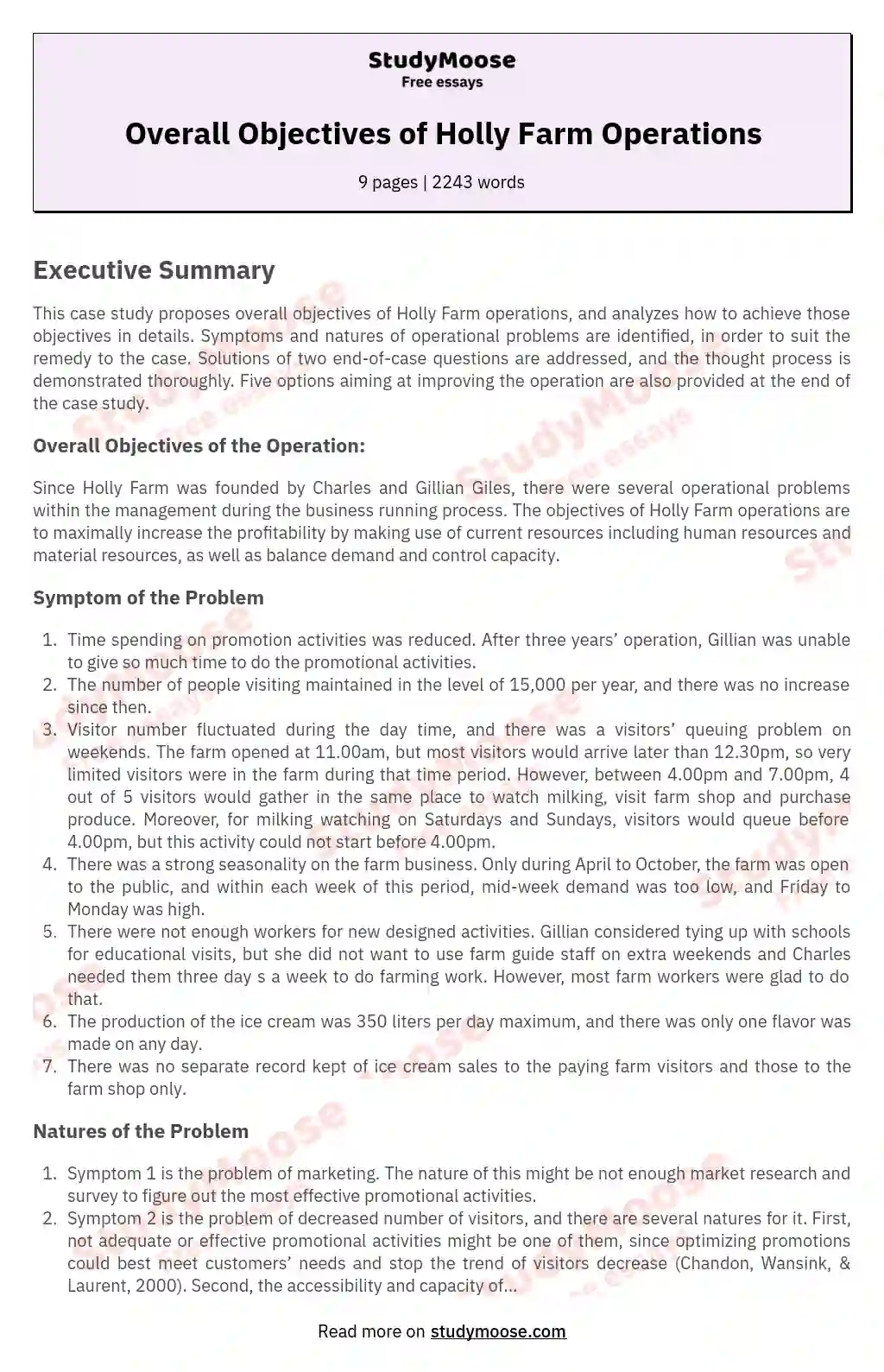 Overall Objectives of Holly Farm Operations essay