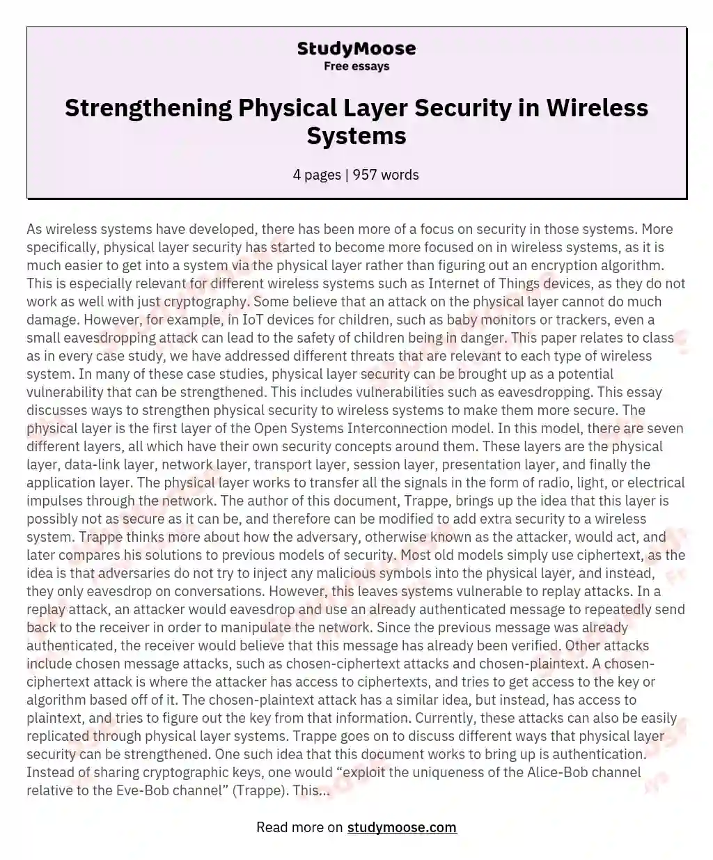 Strengthening Physical Layer Security in Wireless Systems essay