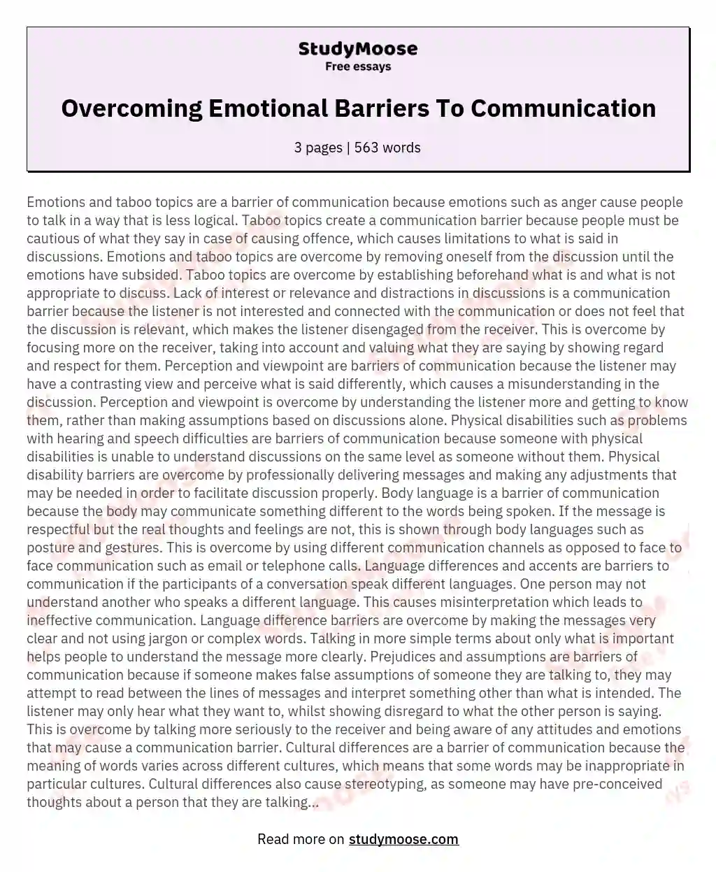 Overcoming Emotional Barriers To Communication essay