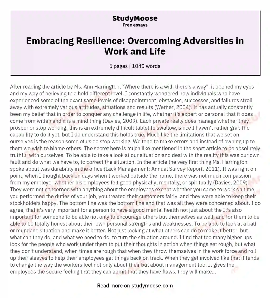 Embracing Resilience: Overcoming Adversities in Work and Life essay