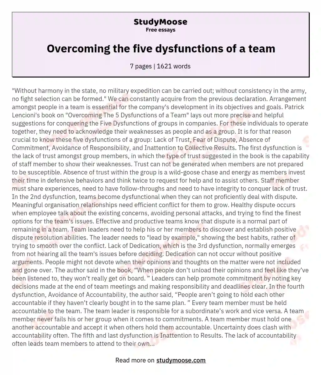 Overcoming the five dysfunctions of a team essay