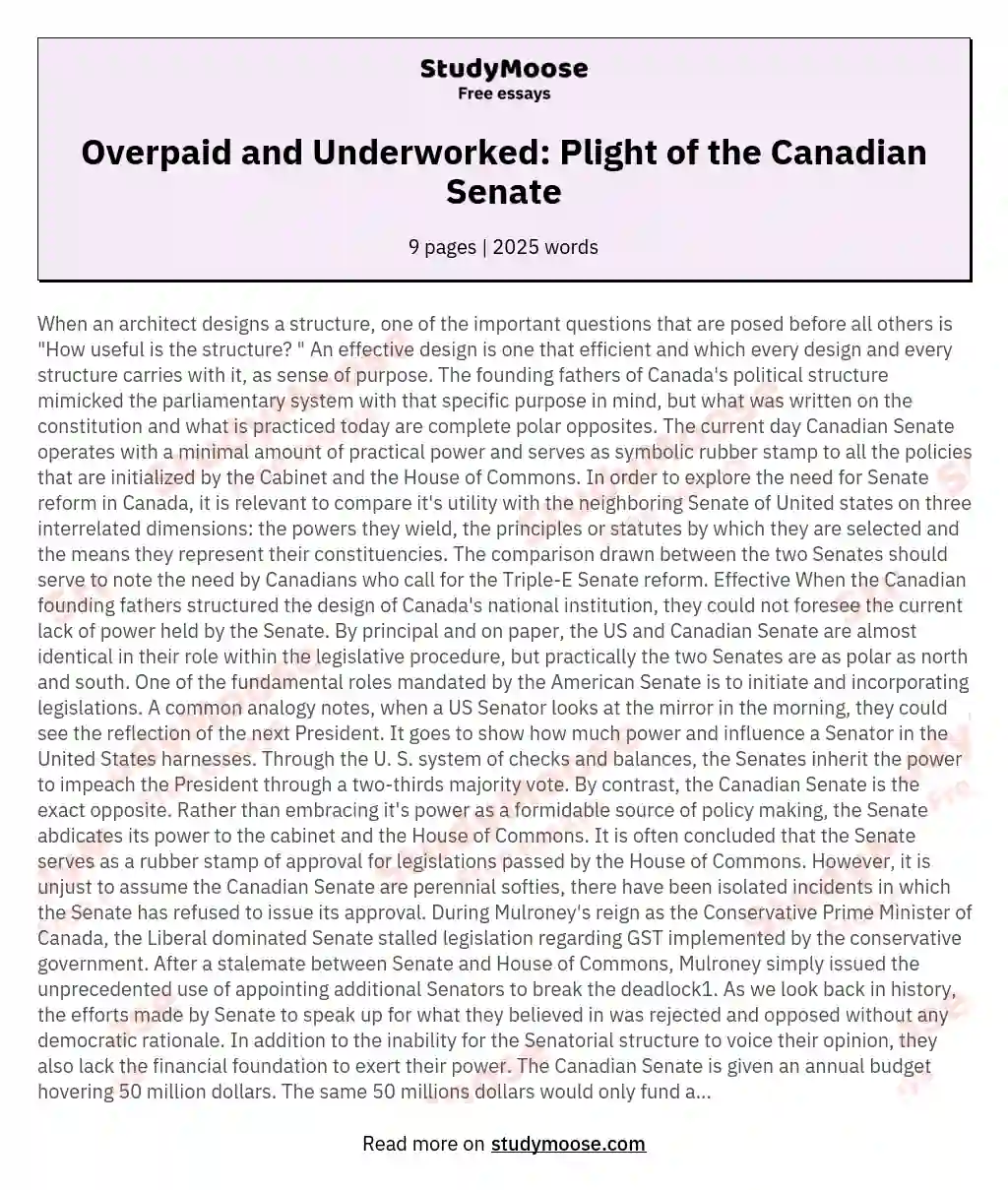Overpaid and Underworked: Plight of the Canadian Senate