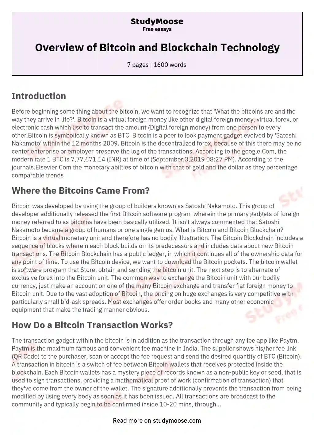 Overview of Bitcoin and Blockchain Technology essay