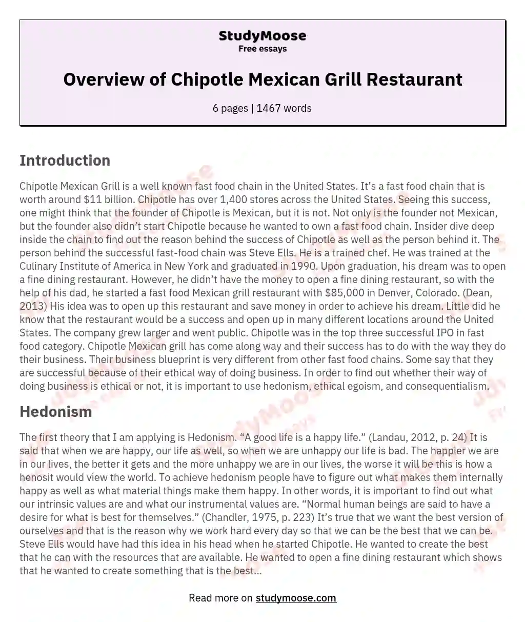 Overview of Chipotle Mexican Grill Restaurant essay