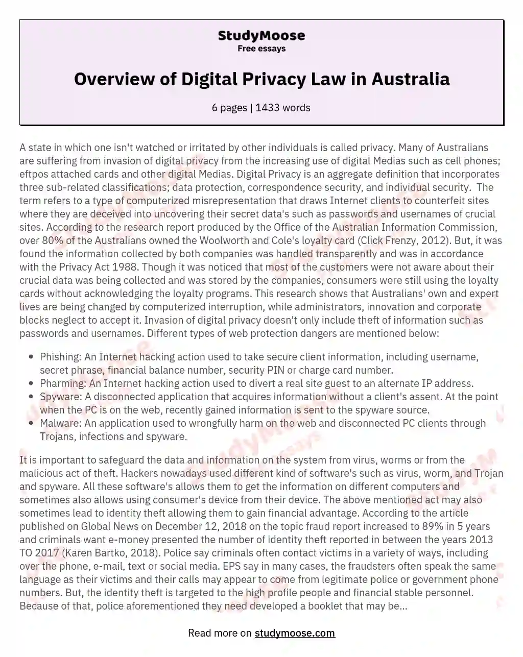 Overview of Digital Privacy Law in Australia essay