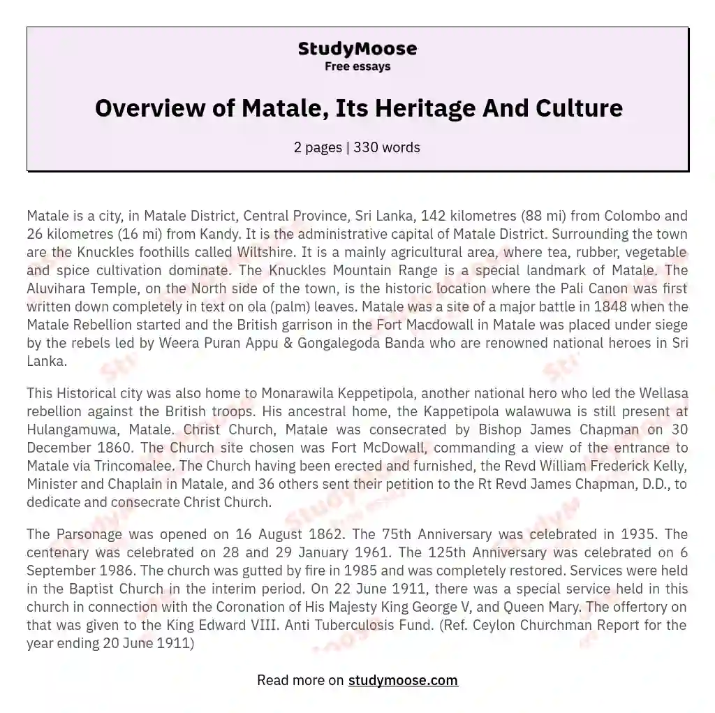 Overview of Matale, Its Heritage And Culture essay