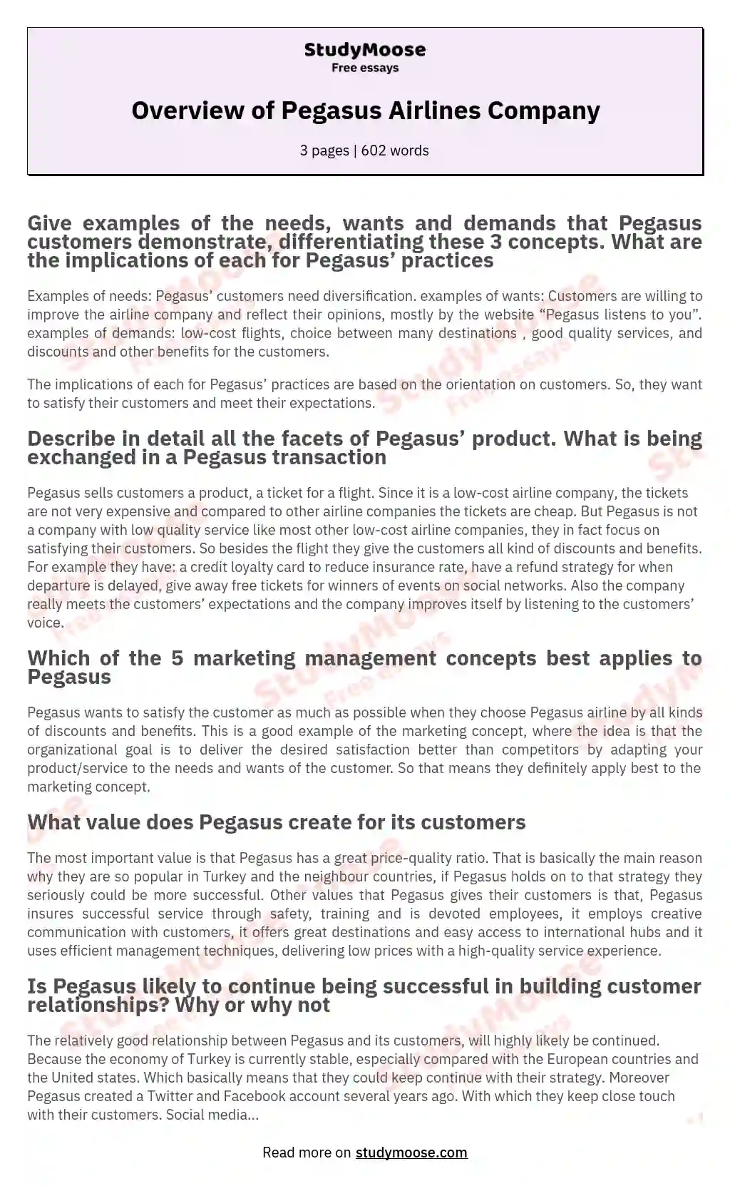 Overview of Pegasus Airlines Company essay