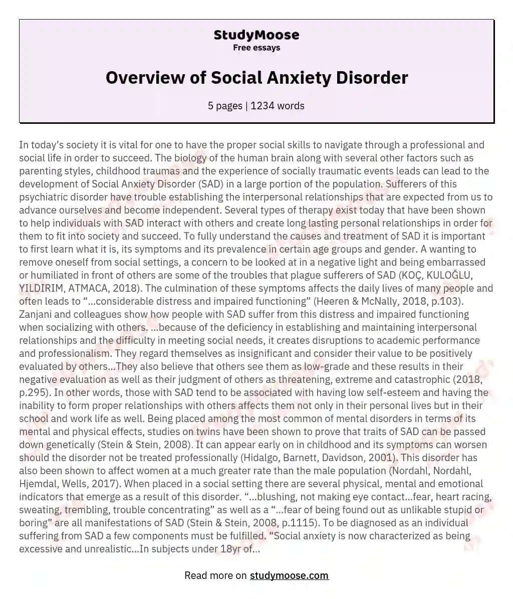 Overview of Social Anxiety Disorder essay