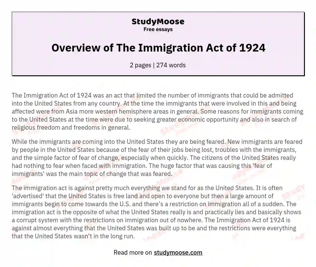 Overview of The Immigration Act of 1924 essay