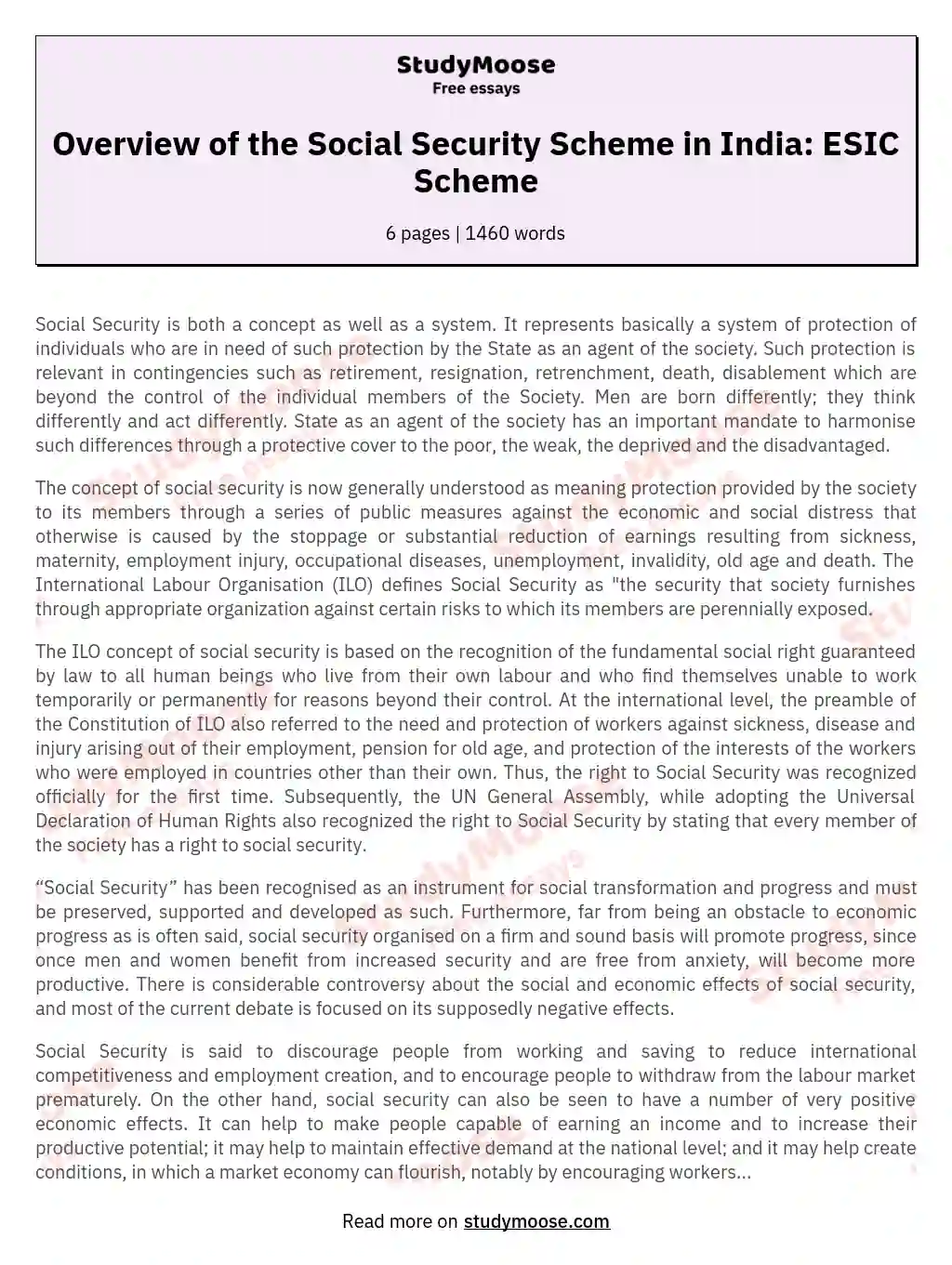 Overview of the Social Security Scheme in India: ESIC Scheme