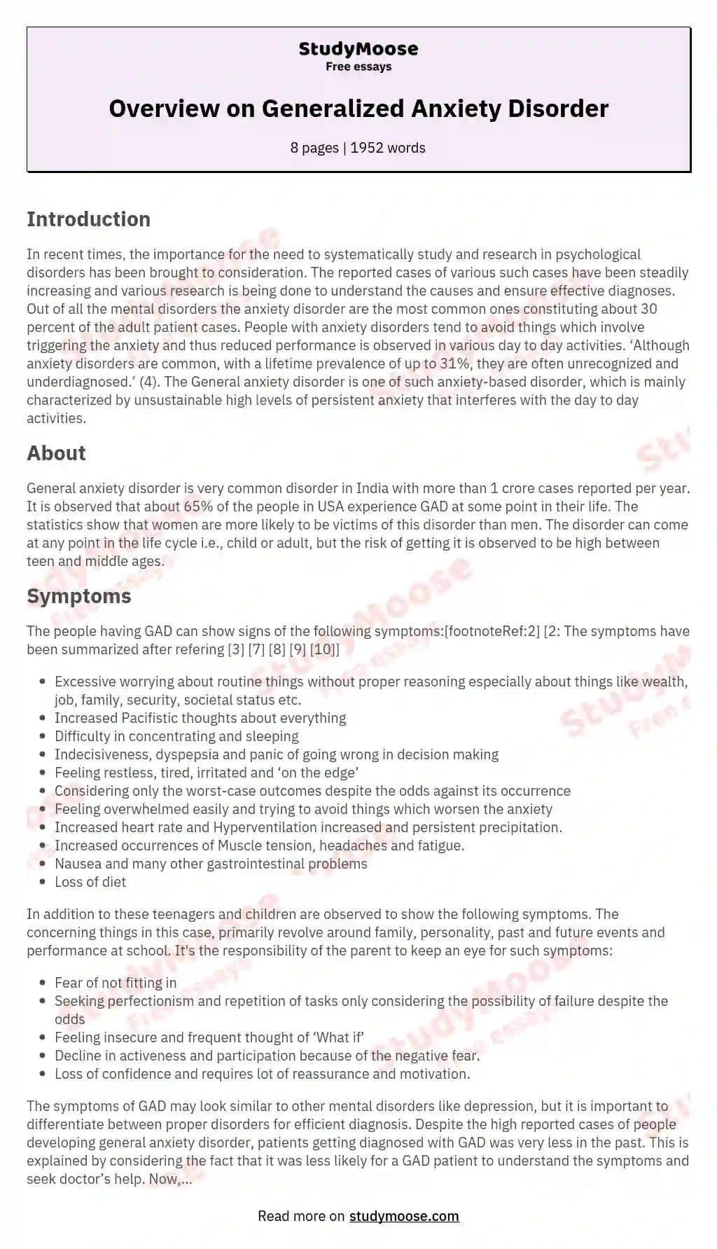 Overview on Generalized Anxiety Disorder essay