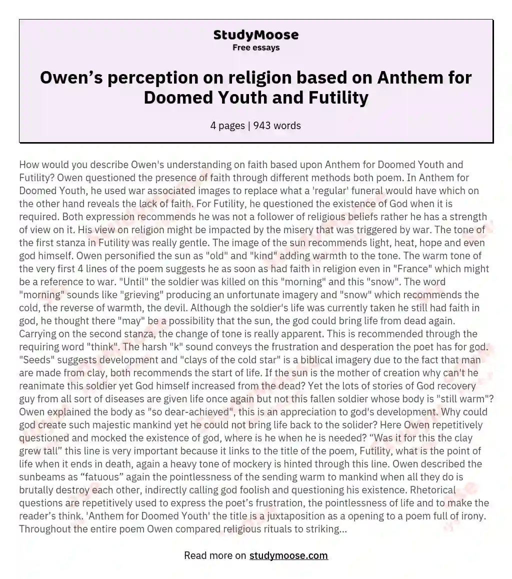 Owen’s perception on religion based on Anthem for Doomed Youth and Futility essay