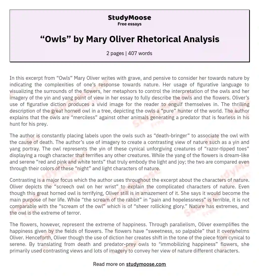 “Owls” by Mary Oliver Rhetorical Analysis essay