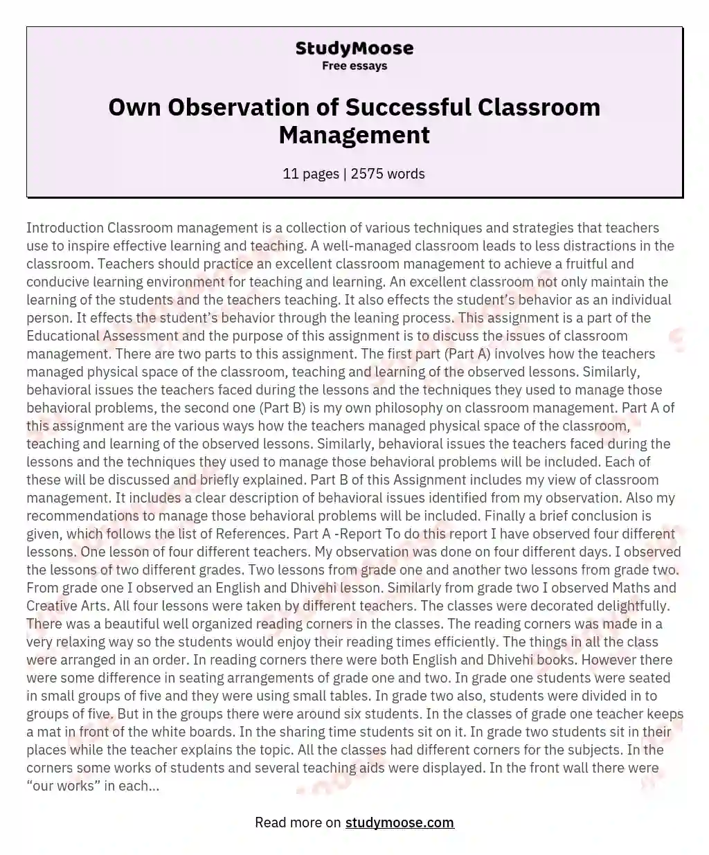 Own Observation of Successful Classroom Management