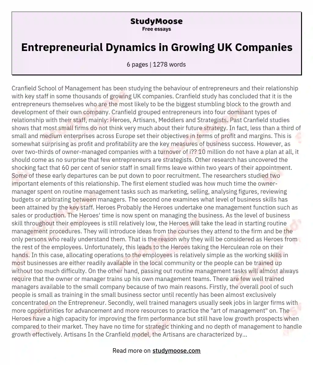 Entrepreneurial Dynamics in Growing UK Companies essay