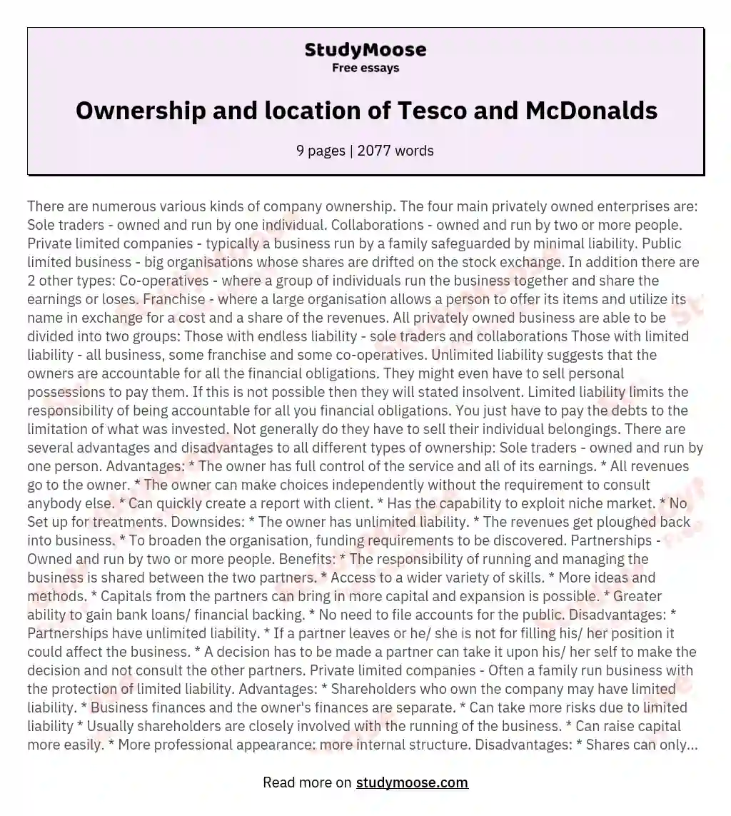 Ownership and location of Tesco and McDonalds essay