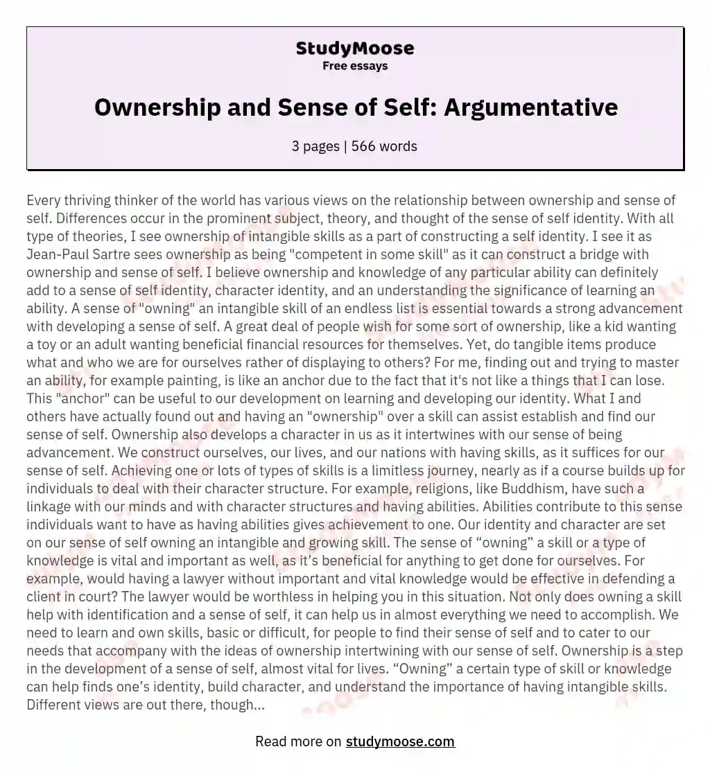 Ownership and Sense of Self: Argumentative essay