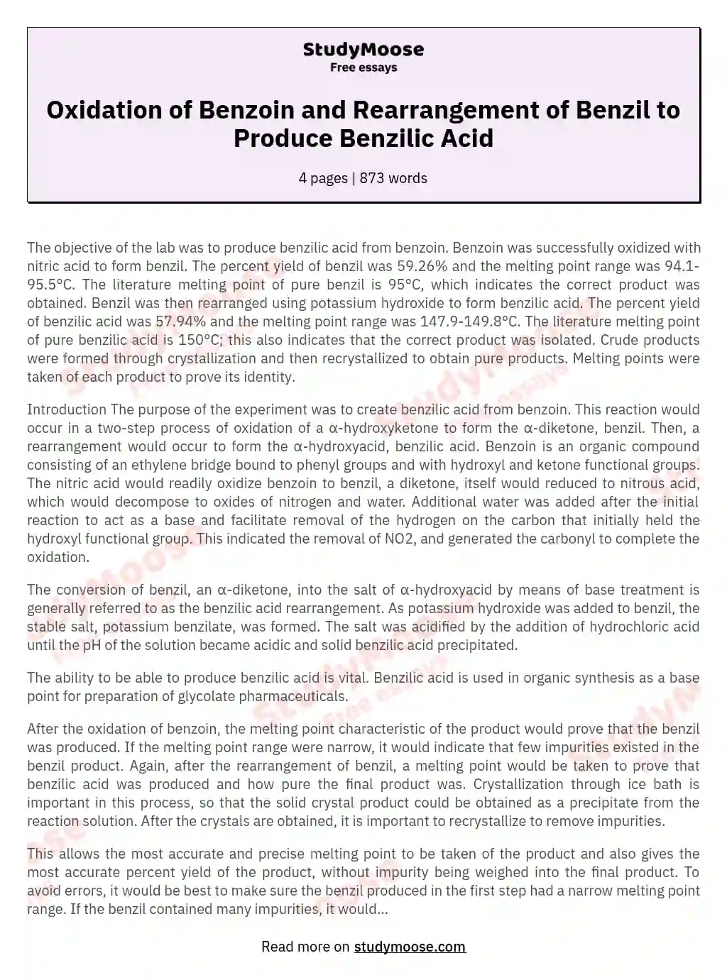 Oxidation of Benzoin and Rearrangement of Benzil to Produce Benzilic Acid essay