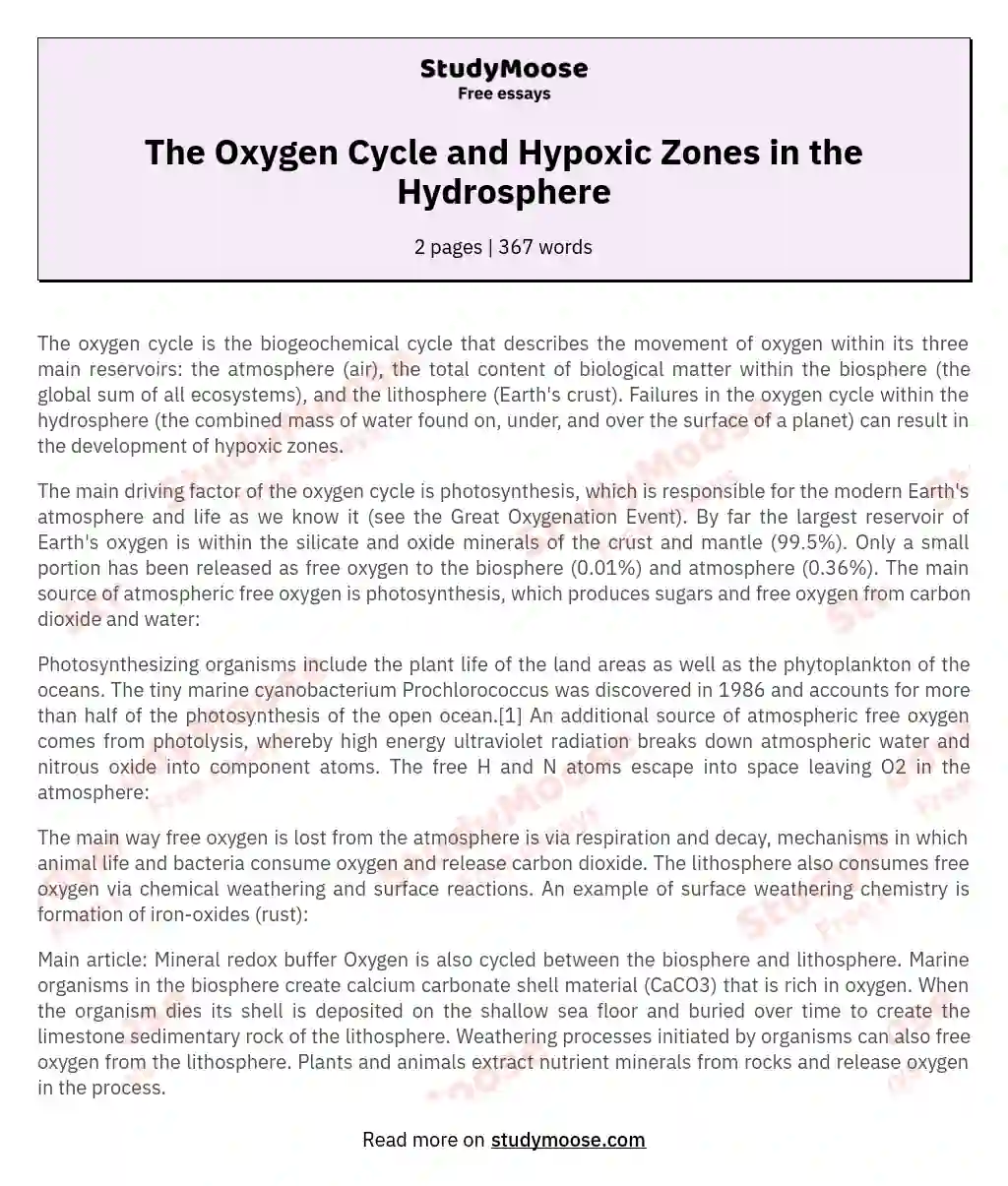 The Oxygen Cycle and Hypoxic Zones in the Hydrosphere essay