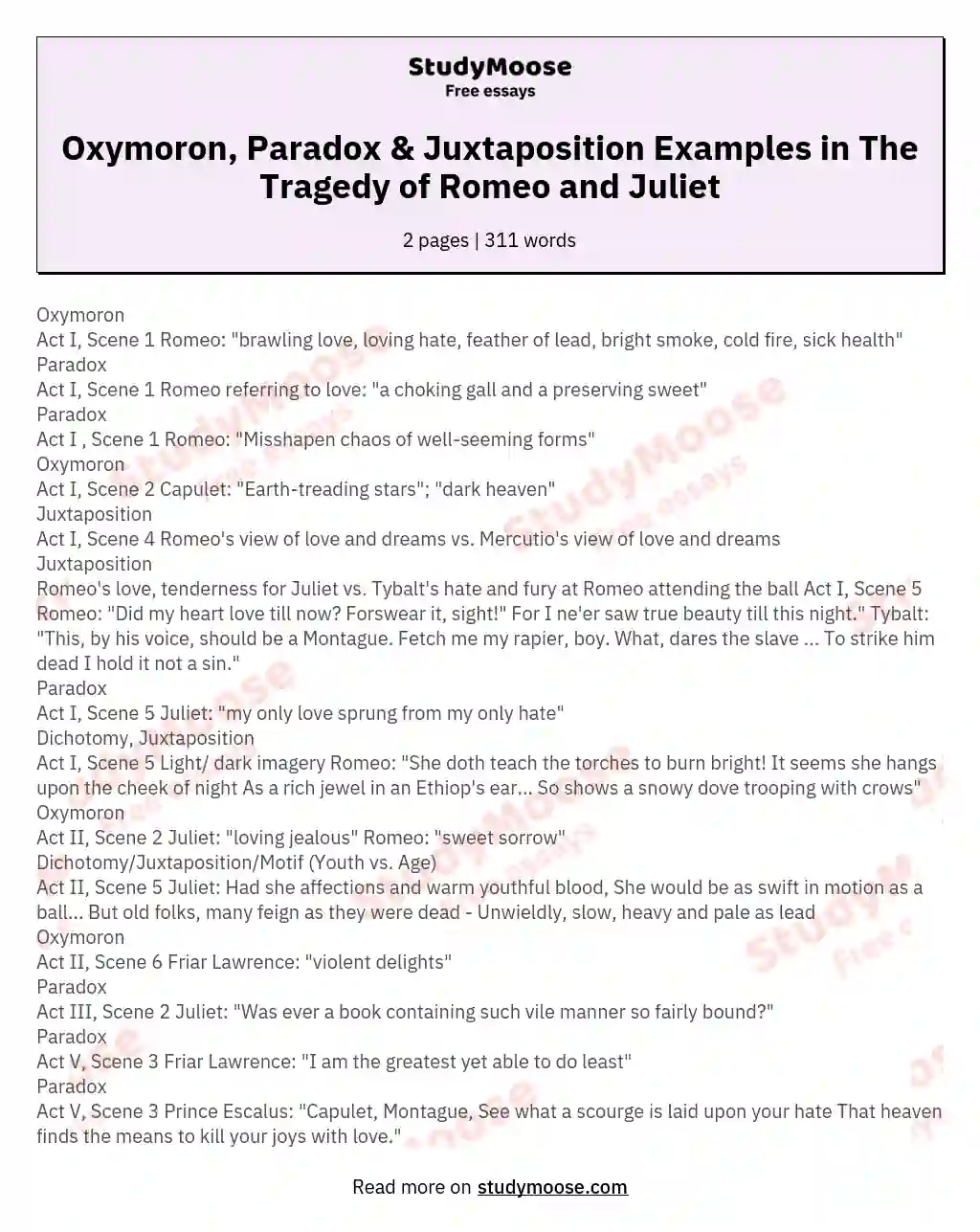 Oxymoron, Paradox &amp; Juxtaposition Examples in The Tragedy of Romeo and Juliet essay