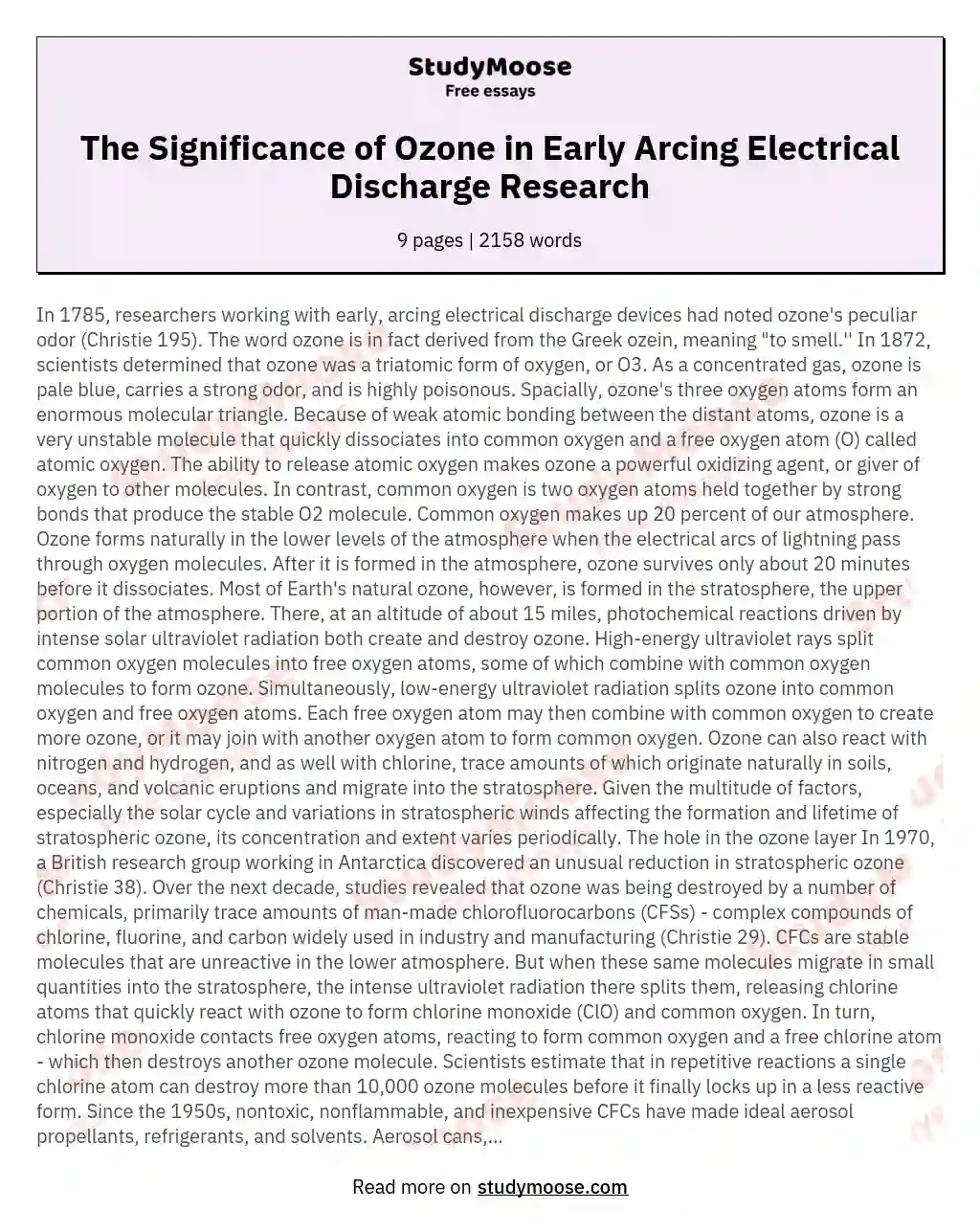 The Significance of Ozone in Early Arcing Electrical Discharge Research essay