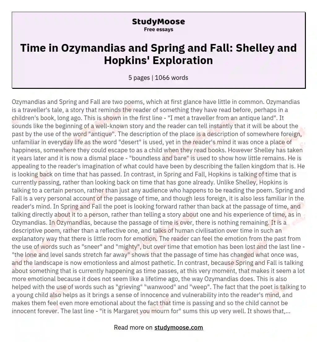 In Ozymandias and Spring and Fall how do Shelley and Hopkins explore the passage of Time?