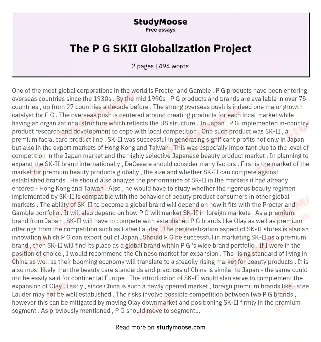 The P G SKII Globalization Project essay