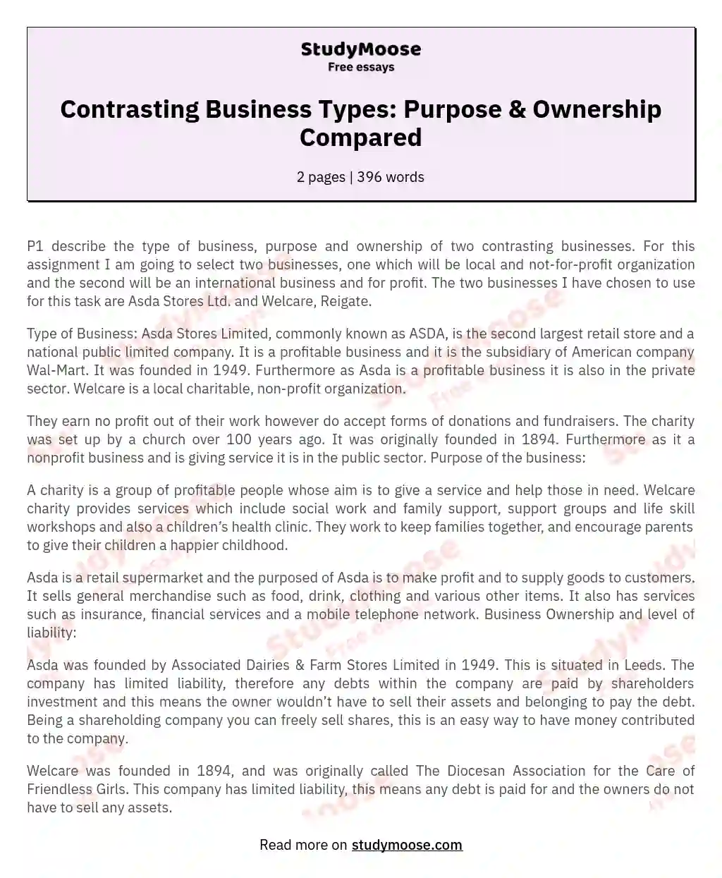 Contrasting Business Types: Purpose & Ownership Compared essay