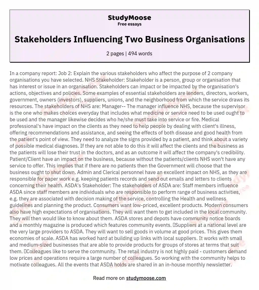 (P2) in a Business Report: Task 2: Describe the Different Stakeholders Who Influence the Purpose of Two Business Organisations You Have Selected.