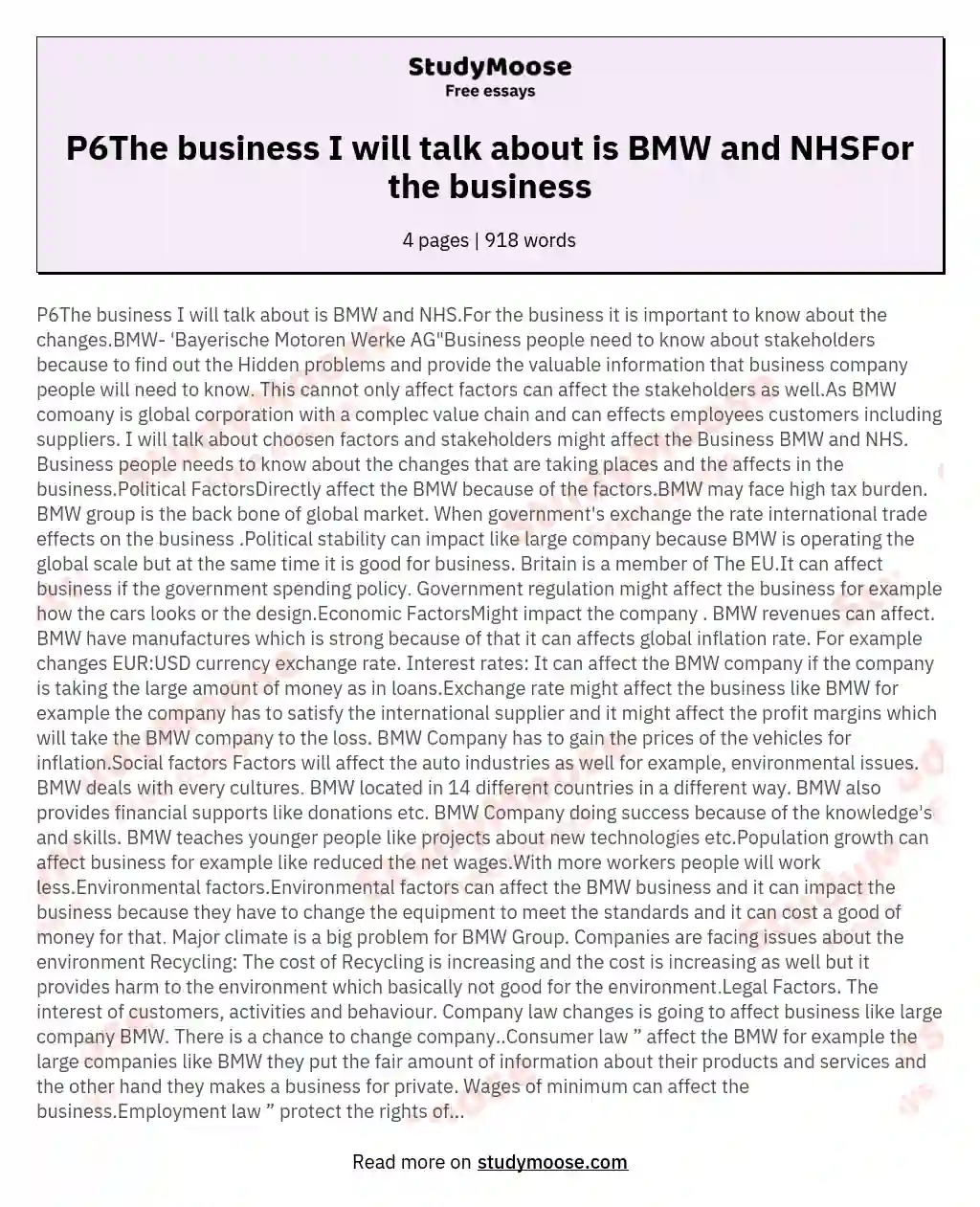 P6The business I will talk about is BMW and NHSFor the business essay
