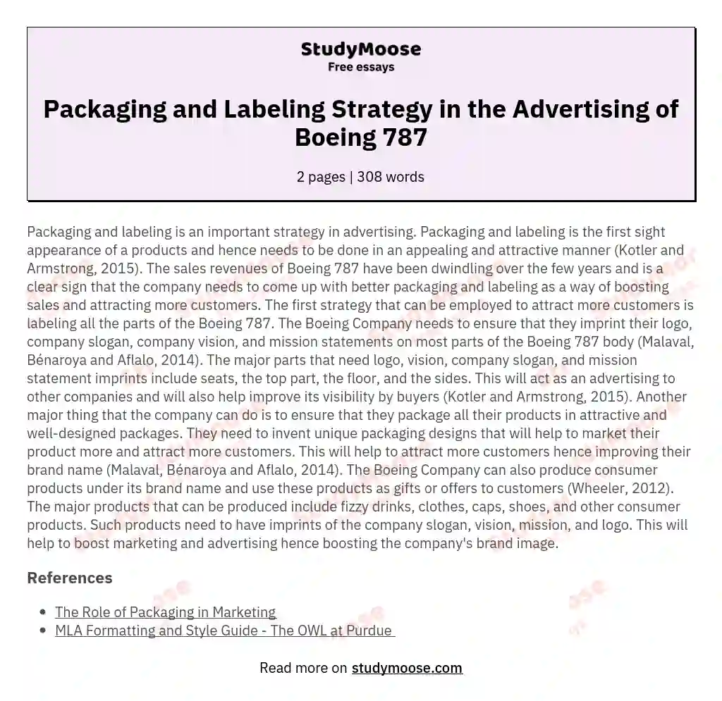 Packaging and Labeling Strategy in the Advertising of Boeing 787 essay