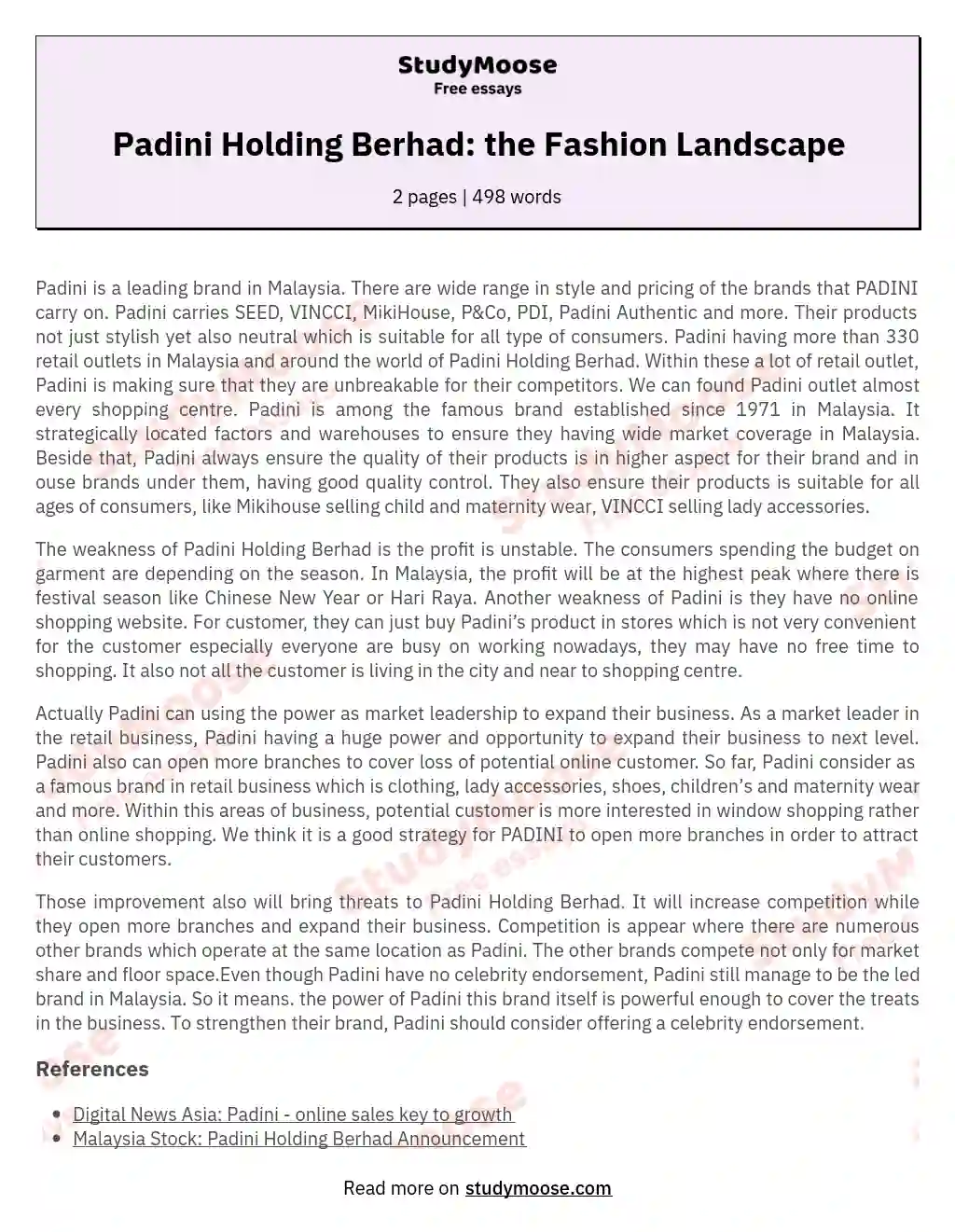 Padini Holding Berhad: the Fashion Landscape essay