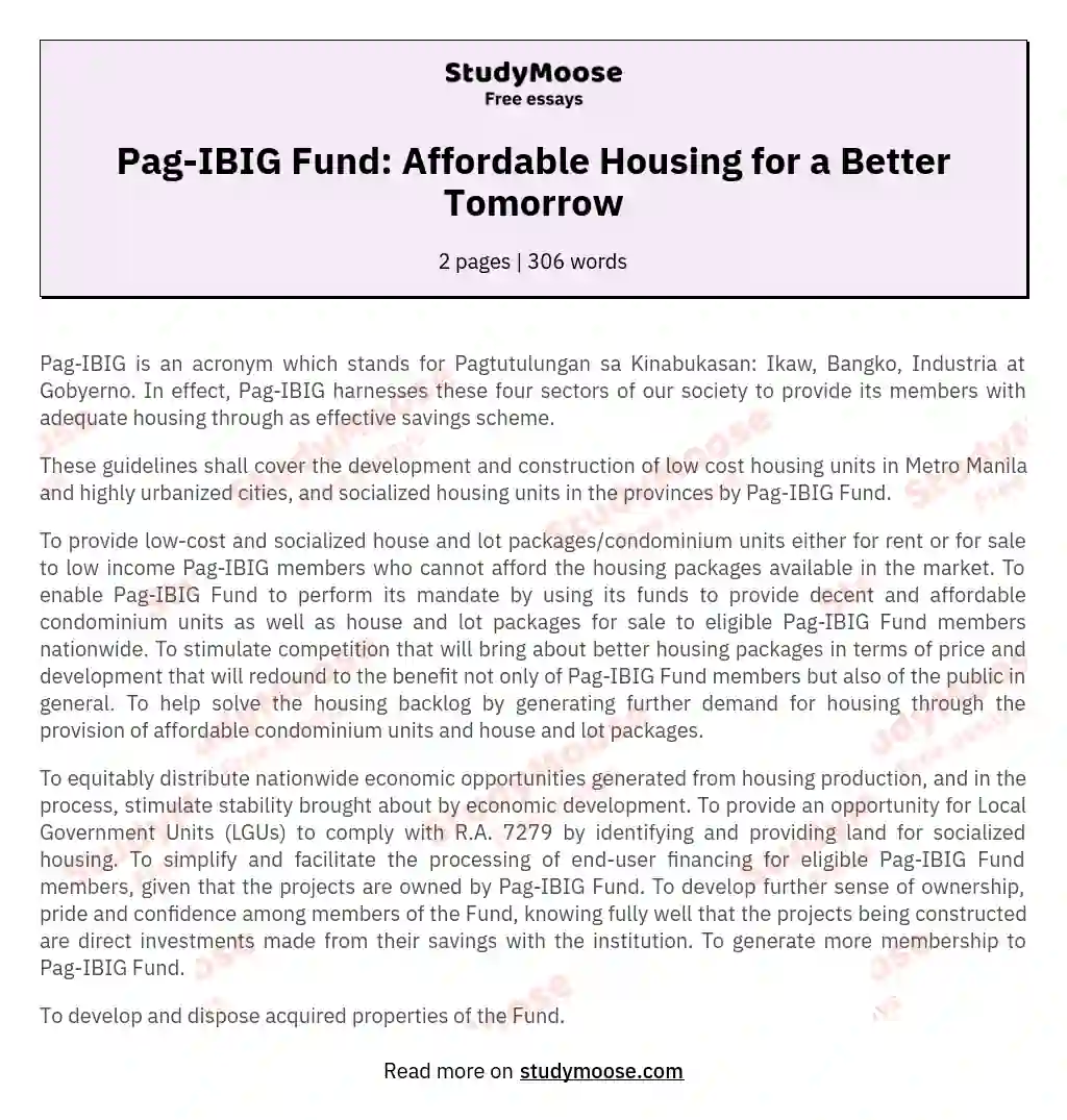 Pag-IBIG Fund: Affordable Housing for a Better Tomorrow essay